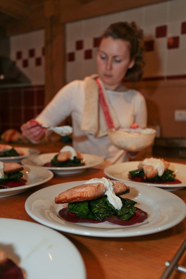 The salmon being plated up in Mountain Mavericks Morzine chalet in January